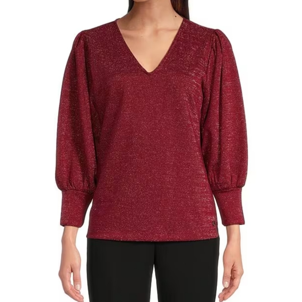 Calvin Klein Shimmery Long Puff Sleeve V-Neck Top Size Large